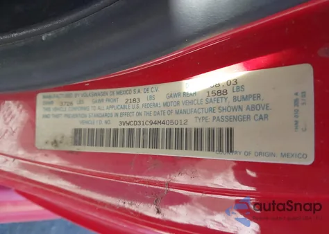 2004 Volkswagen New Beetle Gls 1.8T из США, поврежденный, VIN 3VWCD31C94M405012